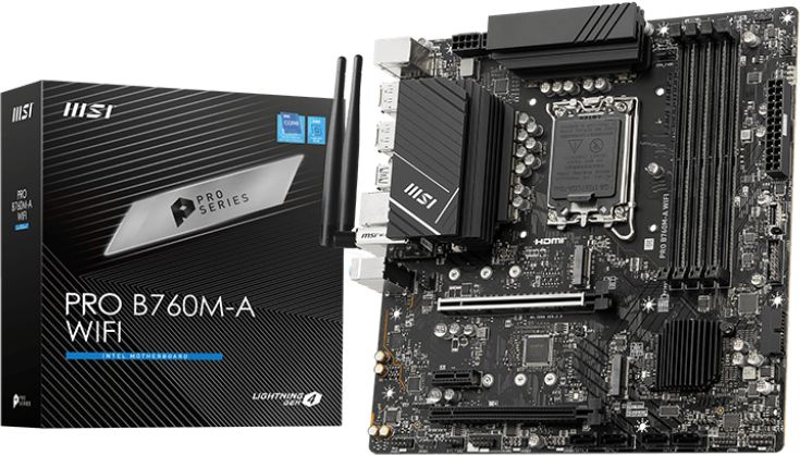 Материнская плата MSI PRO B760M-A WIFI B760, LGA1700, 4*DDR5, 2*PCIEx16, 1*PCIEx1, 2*M.2, 1*TypeC, 2*USB3.2Gen2, 6*USB3.2Gen1, 6*USB2.0, 4*SATA3.0, 2.5G, 2*DP, 2*HDMI, M-ATX, RTL