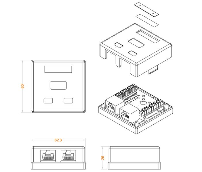 Розетка компьютерная rj-45(8p8c), категория 5e, двойная, внешняя, dual idc Hyperline SB1-2-8P8C-C5e-WH Розетка компьютерная RJ-45(8P8C), категория 5e, двойная, внешняя, Dual IDC