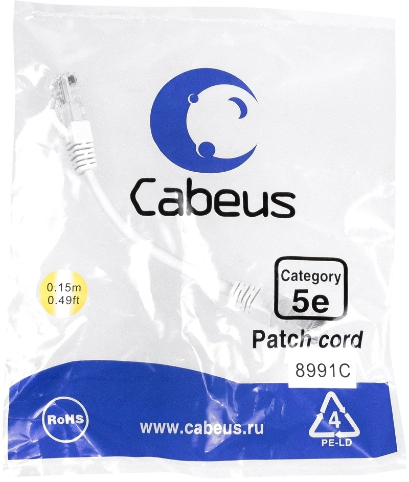 Патч-корд Cabeus PC-UTP-RJ45-CAT.5E-0.15M-WH U/UTP RJ-45 вил.-вилка RJ-45 кат.5E 0.15м белый LSZH Патч-корд Cabeus PC-UTP-RJ45-CAT.5E-0.15M-WH U/UTP RJ-45 вил.-вилка RJ-45 кат.5E 0.15м белый LSZH