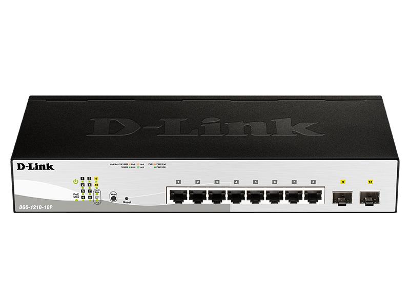 Коммутатор D-Link DGS-1210-10P/F3A, L2 Smart Switch with  8 10/100/1000Base-T ports and 2 1000Base-X SFP ports (8 PoE ports 802.3af/802.3at (30 W), PoE Budget 78 W).16K Mac address, 802.3x Flow Control, 4K of 8