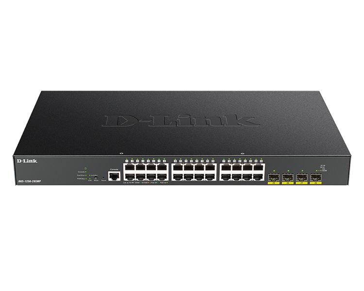 Коммутатор D-Link DGS-1250-28XMP/A1A, L2 Smart Switch with 24 10/100/1000Base-T ports and 4 10GBase-X SFP+ ports (24  PoE ports 802.3af/802.3at (30 W), PoE Budget 370W).16K Mac address, 802.3x Flow Control, 4K