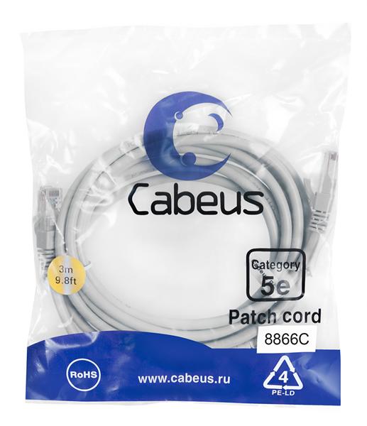  Cabeus PC-UTP-RJ45-Cat.5e-3m-LSZH Патч-корд U/UTP, категория 5е, 2xRJ45/8p8c, неэкранированный, серый, LSZH, 3м
