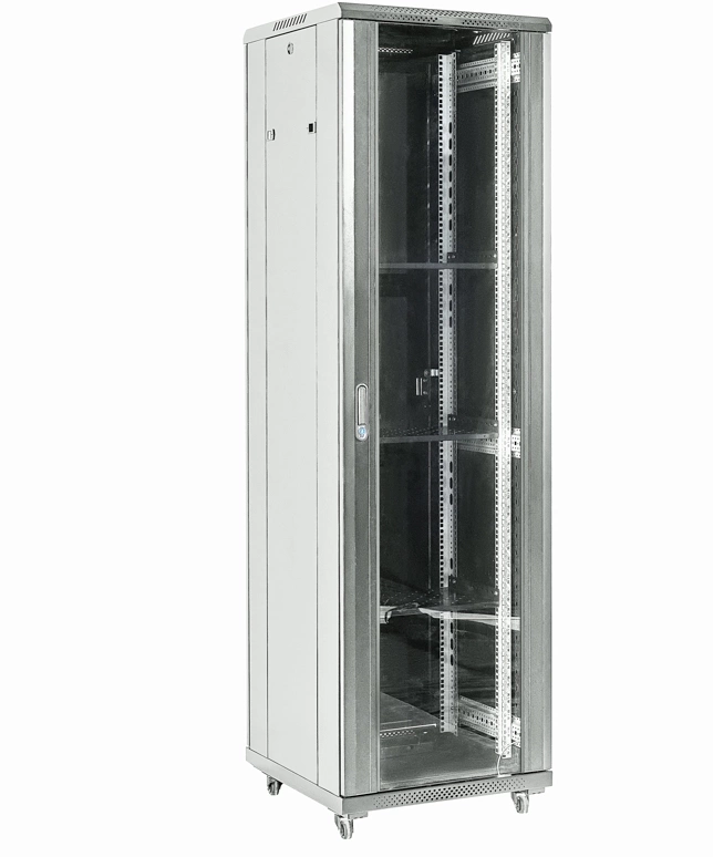 Шкаф коммутационный Rexant (04-1866-211) напольный 18U 600x600мм пер.дв.стекл 2 бок.пан. металл направл.под винты 800кг серый 46кг 230град. 987мм IP20 сталь