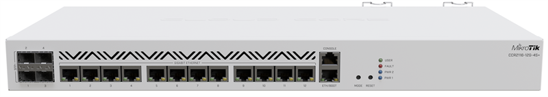 Маршрутизатор MikroTik Cloud Core Router 2116-12G-4S+ with Amazon Annapurna Labs Alpine v3 AL73400 CPU (16-cores, 2GHz per core), 16GB RAM, 4xSFP+ cage, 13xGbit LAN, 1U rackmount case, (repl.CCR1036-12G-4S)