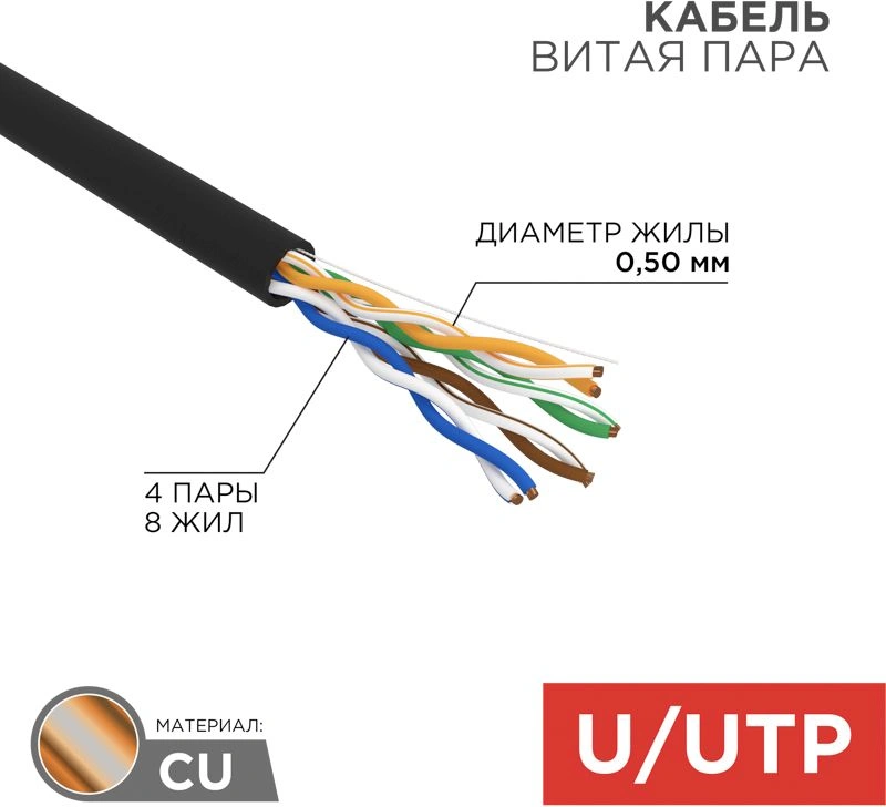 Кабель информационный Rexant 01-0045 кат.5E UTP 4 пары 24AWG PE внешний 305м черный Кабель информационный Rexant 01-0045 кат.5E UTP 4 пары 24AWG PE внешний 305м черный