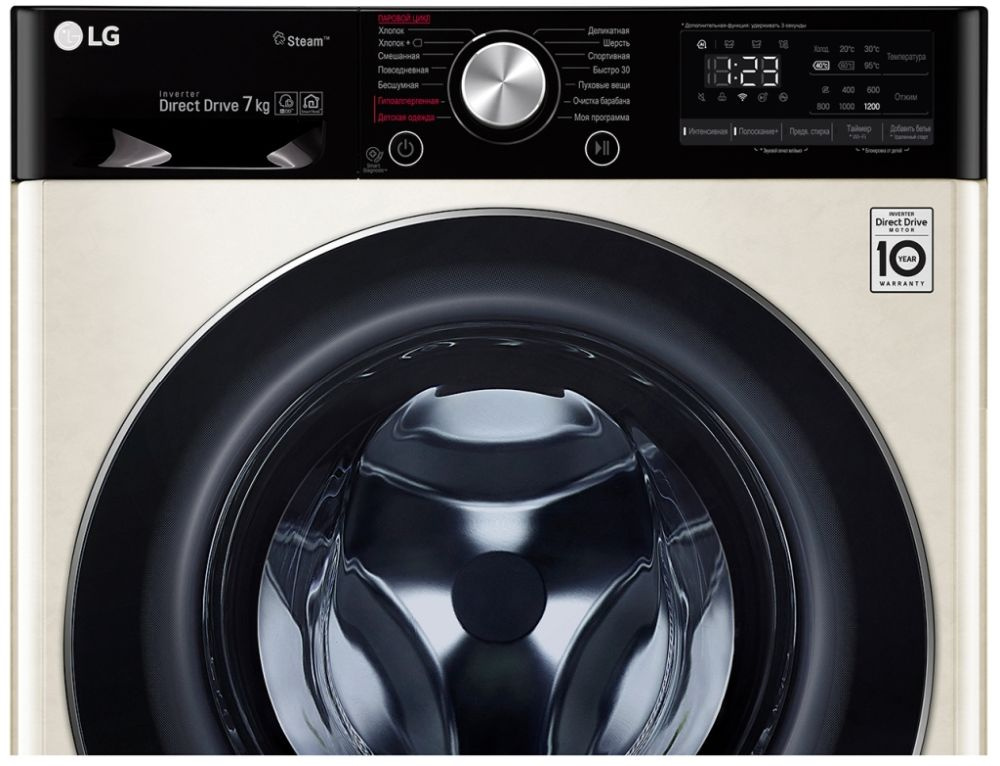 Стиральная машина LG Electronics/ Стиральная машина LG, отдельностоящая, ВхШхГ 850х600х455 мм, загрузка 7 кг, 1200 об/мин, LED дисплей, технология AI DD, дозагрузка белья, пар, инверторный мотор с прямым приводом, отсроч