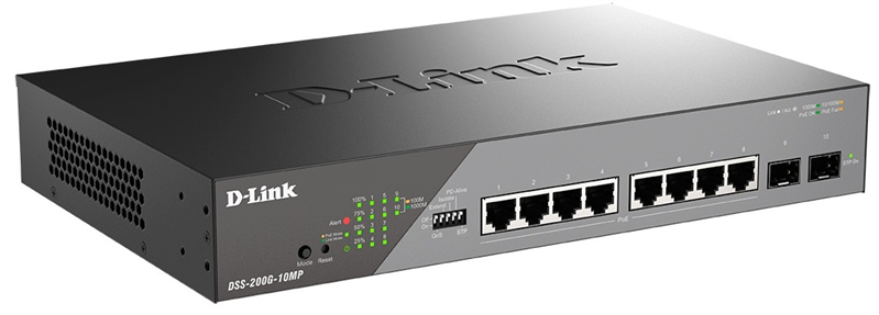 Коммутатор D-Link Настраиваемый L2 PoE-коммутатор, 8x1000Base-T PoE, 2x1000Base-X SFP, PoE-бюджет 130 Вт, дальность PoE до 250 м