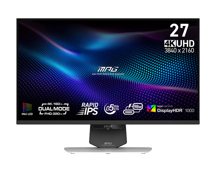 Монитор MSI MPG 274URDFW E16M 27" 16:9 UHD(3840x2160) Rapid IPS Flat, 0.5ms(GTG), 1000:1,100M:1,400nits, 2xHDMI, DP, USB-C, 2xUSB-A, USB-B, Tilt,Swivel,Height,Pivot,VESA,UHD:160Hz,FHD:320Hz,White,1y w-ty Монитор MSI MPG 274URDFW E16M 27" 16:9 UHD(3840x2160) Rapid IPS Flat, 0.5ms(GTG), 1000:1,100M:1,400nits, 2xHDMI, DP, USB-C, 2xUSB-A, USB-B, Tilt,Swivel,Height,Pivot,VESA,UHD:160Hz,FHD:320Hz,White,1y w-ty