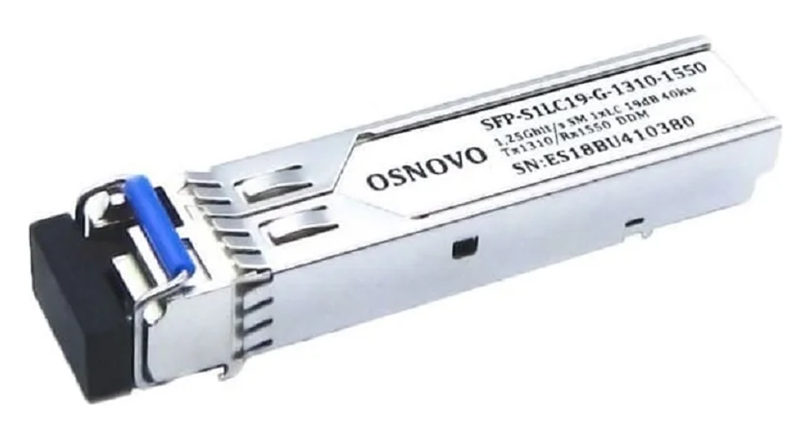 Oптический SFP модуль OSNOVO SFP-S1LC19-G-1310-1550 Оптический SFP Модуль. Одно волокно Single Mode. Скорость: до 1,25 Гбит/c. Тип разъема: LC. Оптический бюджет: 19дБ. Расстояние передачи - до 40км. Рабочая длина волны,нм