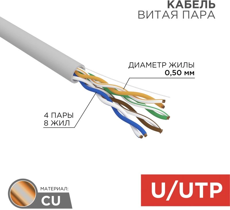 Кабель информационный Rexant 01-0069 кат.5E UTP 4 пары 24AWG LSZH внутренний 305м серый Кабель информационный Rexant 01-0069 кат.5E UTP 4 пары 24AWG LSZH внутренний 305м серый