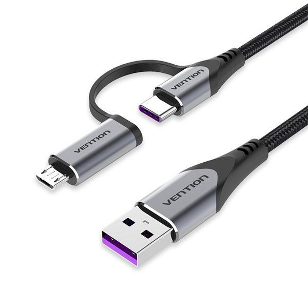 Переходник Vention USB 2.0 A Male to 2-in-1 USB-C&Micro-B Male 5A Cable 1M Gray Aluminum Alloy Type