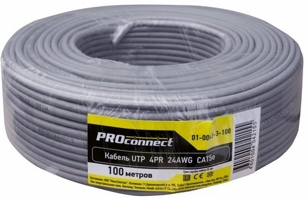 Кабель информационный PROconnect 01-0043-3-100 кат.5E UTP 4 пары 24AWG PVC внутренний 100м серый Кабель информационный PROconnect 01-0043-3-100 кат.5E UTP 4 пары 24AWG PVC внутренний 100м серый