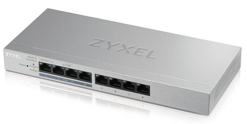  Smart L2 коммутатор PoE+ Zyxel GS1200-8HP v2, 8xGE (4xPoE+), настольный, бесшумный, с поддержкой VLAN, IGMP, QoS и Link Aggregation, бюджет PoE 60 Вт (незначительное повреждение коробки)