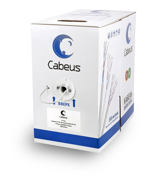 кабель Cabeus FTP-4P-Cat.5e-SOLID-GY Кабель витая пара экранированная FTP (F/UTP), категория 5e, 4 пары (24 AWG), одножильный, экран - фольга (305 м), PVC нг(А)-LS