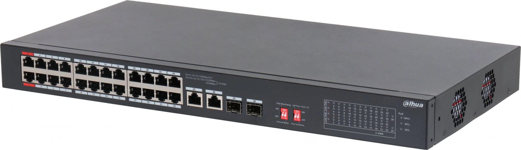 Коммутатор Dahua DH-S3226-24ET-240 24x100Мбит/с 2xКомбо(1000BASE-T/SFP) 2SFP 24PoE неуправляемый Коммутатор Dahua DH-S3226-24ET-240 24x100Мбит/с 2xКомбо(1000BASE-T/SFP) 2SFP 24PoE неуправляемый