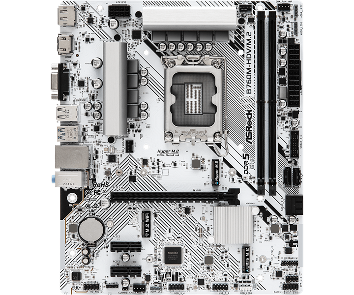 Материнская плата ASROCK B760M-HDV/M.2, LGA1700, B760, 2*DDR5, 4*SATA, 2*M.2, 3*USB 3.2, 2*USB 2.0, Type-C, 1*PCIx16, 2*PCIx1, 1*M.2 (Key E), HDMI+DP+D-Sub, mATX