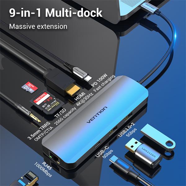 Док-станция Vention Multi-function USB-C to HDMI/USB-C Gen 1/USB3.0x2/RJ45/SD/TF/TRRS 3.5mm/PD Docking Station 0.15M Gray Aluminum Alloy Type