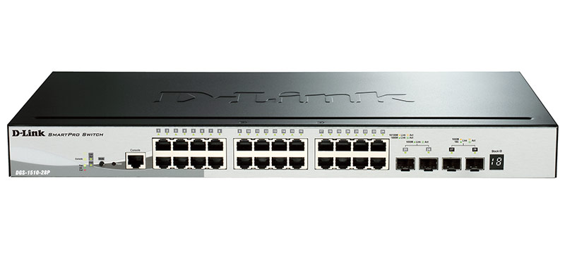 Коммутатор D-Link DGS-1510-28P/A1A, PROJ L2+ Smart Switch with 24 10/100/1000Base-T ports and 2 1000Base-X SFP ports and 2 10GBase-X SFP+ ports (24 PoE ports 802.3af/802.3at (30 W), PoE Budget 193W).16K Mac add