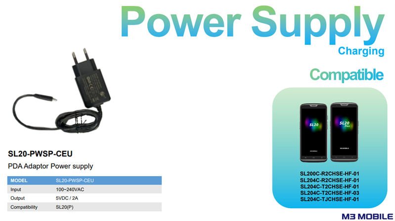 Блок питания M3 Mobile ASSY: Power supply: 100~240VAC, 5V, 2A USB adaptor, EU plug, USB cable, 1.2M, C to A plug