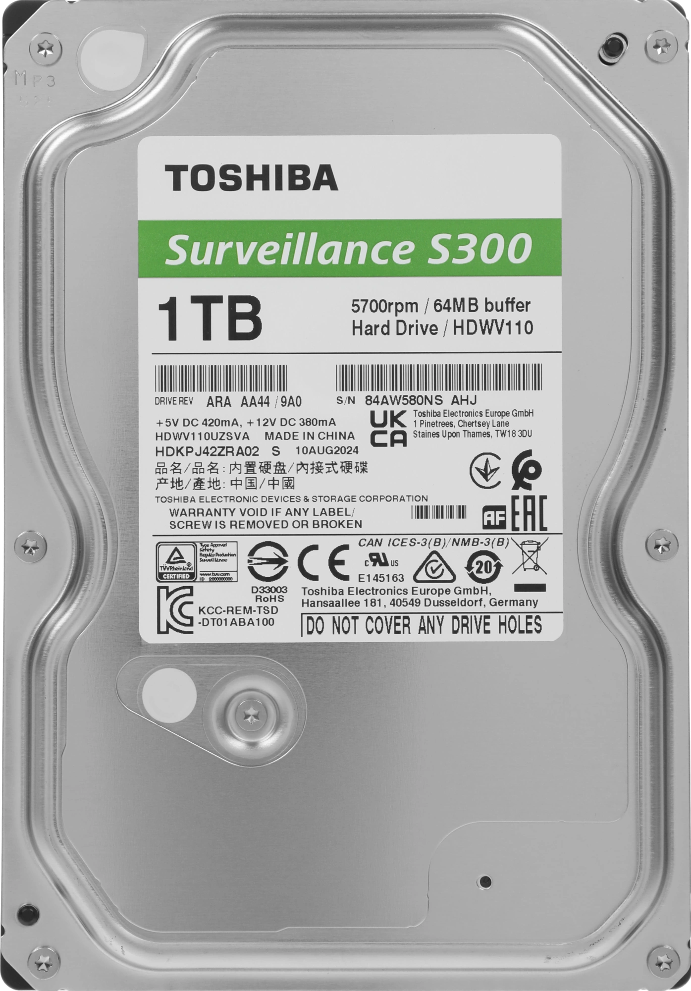 Жесткий диск Toshiba S300 Surveillance HDWV110UZSVA 1TB 3.5" SATA 6Gb/s, 5700rpm, 64MB, CMR, 24/7, Supports up to 64 video cameras, Bulk {20} Жесткий диск Toshiba S300 Surveillance HDWV110UZSVA 1TB 3.5" SATA 6Gb/s, 5700rpm, 64MB, CMR, 24/7, Supports up to 64 video cameras, Bulk {20}