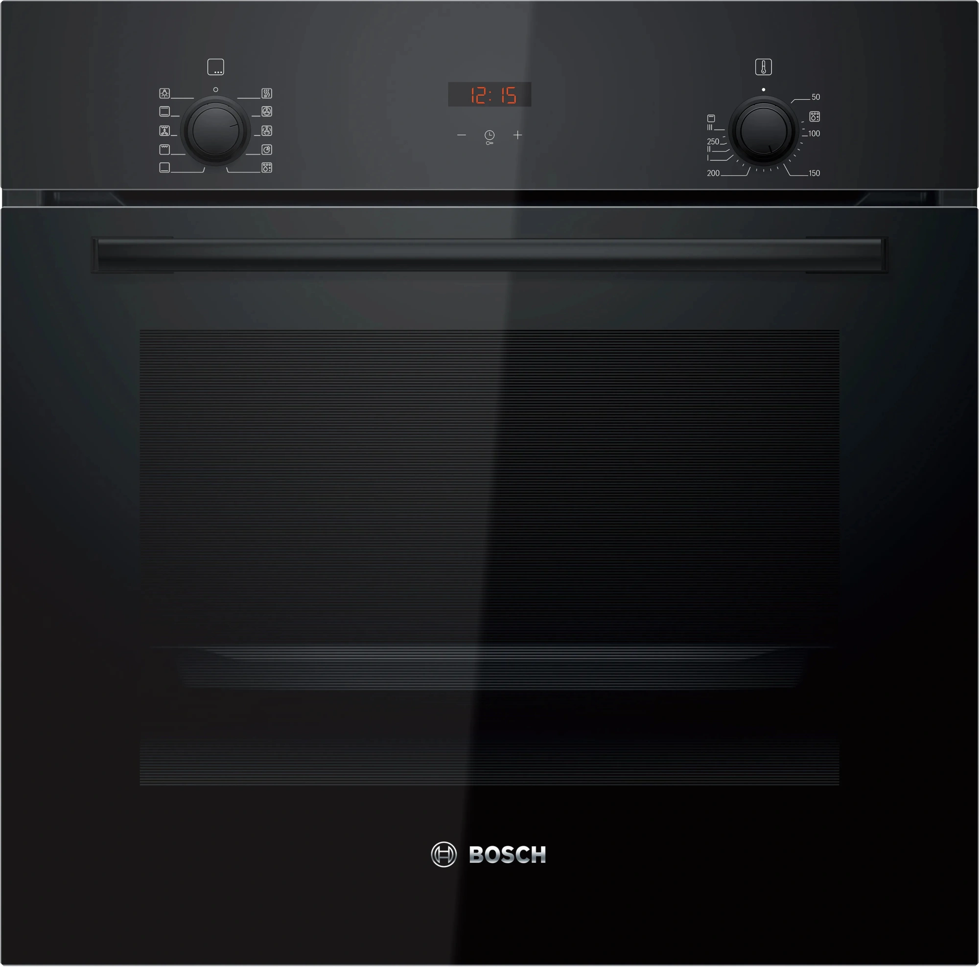 Serie 2, духовой шкаф, черный, класс энергоэффективности А, 7 режимов, 3-х слойное остекление, LED-дисплей, утапливаемые переключатели, галогенное освещение, проволочные направляющие, сделано в Турции, Bosch HBF512BB1T