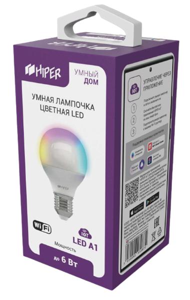  HIPER Smart LED bulb IoT LED A1 RGB/Умная LED лампочка/Wi-Fi/Е27/Globe G45/Регулируемая яркость и цвет/6Вт/2700К-6500К/520 лм/IoT LED A1 (незначительное повреждение коробки)