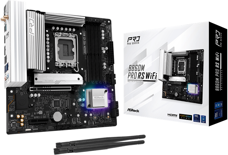 Материнская плата ASROCK B860M PRO RS WIFI, LGA1851, B860, 4*DDR5, 4*SATA, 4*M.2, 6*USB 3.2, 2*USB 2.0, Type-C, 2*PCIx16, 1*M.2 (Key E), HDMI+DP, mATX Материнская плата ASROCK B860M PRO RS WIFI, LGA1851, B860, 4*DDR5, 4*SATA, 4*M.2, 6*USB 3.2, 2*USB 2.0, Type-C, 2*PCIx16, 1*M.2 (Key E), HDMI+DP, mATX