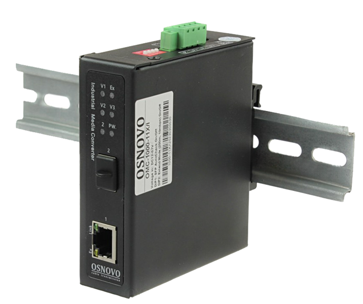 Медиаконвертер OSNOVO OMC-1000-11HX/I Промышленный компактный медиаконвертер Gigabit Ethernet с поддержкой PoE. Порты: 1 x GE (10/100/1000Base-T) с PoE (до 30W), 1 x GE SFP (100/1000Base-X). Вход для резервного пита