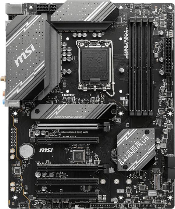 Материнская плата MSI B760 GAMING PLUS WIFI DDR5 S1700, B760, 4xDDR5 DIMM, 2PCI-Ex16, 4SATA3, 7.1-ch, 2.5GLAN, 7 USB 3.2, 2 USB Type-C, HDMI, DP, mATX RTL