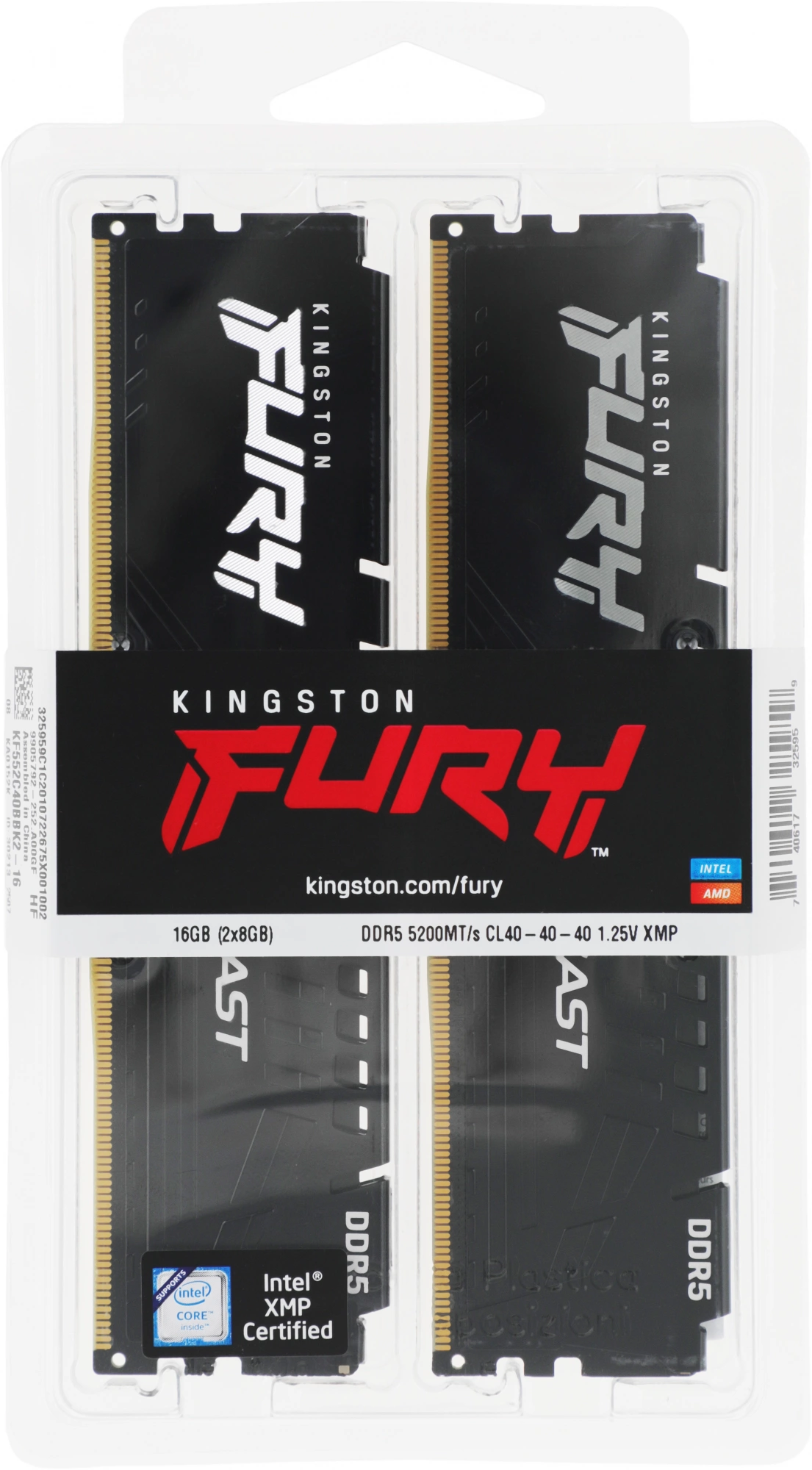 Модуль памяти Kingston 16GBDDR5 5200 DIMM FURY Beast Black XMP Gaming Memory KF552C40BBK2-16 Non-ECC, CL40, 1.25V, (Kit of 2) 1RX16 40-40-40 288-pin 16Gbit, RTL