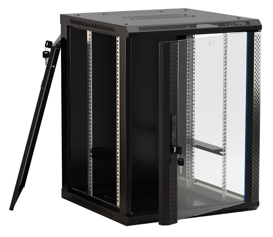 Шкаф коммутационный Hyperline (TWB-0645-GP-RAL9004) настенный 6U 600x450мм пер.дв.стекл 60кг черный 367мм IP20 сталь