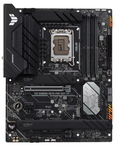 Материнская плата ASUS TUF GAMING H670-PRO WIFI D4, LGA1700, H670, 4*DDR4,  HDMI+DP, CrossFireX, SATA3 + RAID, Audio, Gb LAN, USB 3.2*6, USB 2.0*4, COM*1 header (w/o cable), ATX ; 90MB1900-M0EAY0