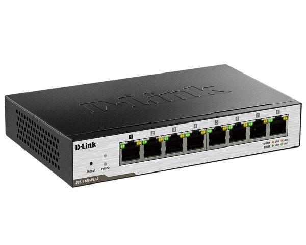 Коммутатор D-Link DGS-1100-08PD/B1BL2 Smart Switch with 7 10/100/1000Base-T ports and 1 10/100/1000Base-T PD port(2 PoE ports 802.3af (15,4 W), PoE Budget 18W from 802.3at / 8W from 802.3af)8K Mac address, 802.3
