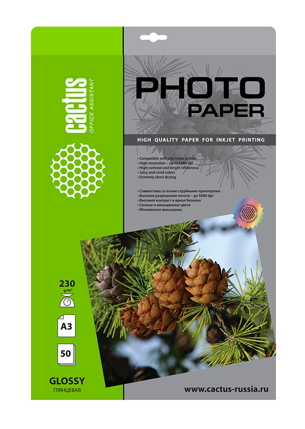 Фотобумага Cactus CS-GA323050 A3/230г/м2/50л./белый глянцевое для струйной печати Фотобумага Cactus CS-GA323050 A3/230г/м2/50л./белый глянцевое для струйной печати