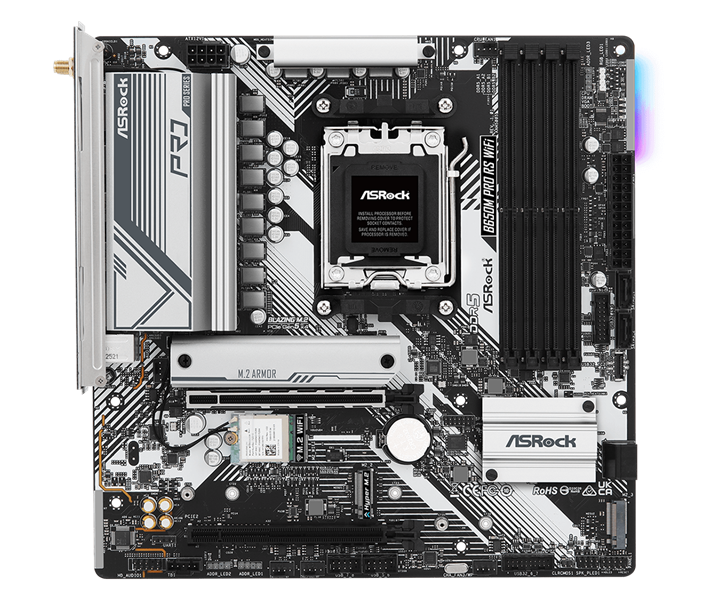 Материнская плата ASROCK B650M PRO RS WIFI, AM5, B650, 4*DDR5, 4*SATA, 3*M.2, 3*USB 3.2, 4*USB 2.0, Type-C, 2*PCIx16, 1*M.2 (Key E), HDMI+DP, mATX Материнская плата ASROCK B650M PRO RS WIFI, AM5, B650, 4*DDR5, 4*SATA, 3*M.2, 3*USB 3.2, 4*USB 2.0, Type-C, 2*PCIx16, 1*M.2 (Key E), HDMI+DP, mATX