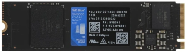 Твердотельный накопитель Western Digital Blue SN5100 SSD M2.2280 PCIe 4.0 1Tb, 7100MBs/6700MBs, TBW 600, WDS100T5B0E, 1 year