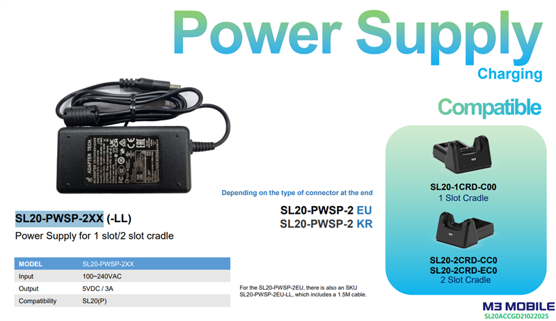 Блок питания M3 Mobile ASSY: SL20 PSU 100240VAC, 5VDC, 3A. 1.2M cable. Provides power to the 1-slot/2-slot cradle for SL20. Includes EU power cord.