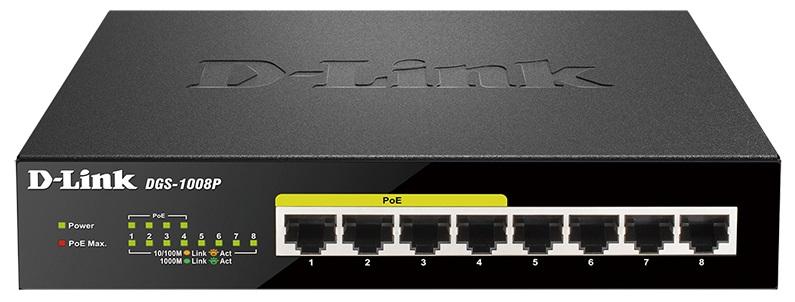 Коммутатор D-Link DGS-1008P/E1A, L2 Unmanaged Switch with 8 10/100/1000Base-T ports (4 PoE ports 802.3af/802.3at (30 W), PoE Budget 68).8K Mac address, Auto-sensing, 802.3x Flow Control, Stand-alone, Auto MDI/