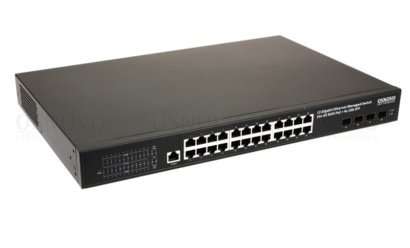 PoE Коммутатор OSNOVO SW-24G4X-1L Управляемый L3 PoE коммутатор на 24xGE RJ-45 c PoE + 4х10G SFP+ порта. Порты: 2 x GE (10/100/1000 Base-T) с PoE (до 90W, A+B) + 22 x GE (10/100/1000 Base-T) с PoE (до 30W)