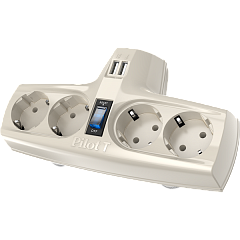 Сетевой фильтр Сетевой фильтр PILOT T USB, 4 розетки с заземлением, 15A/3,3кВт, 2 USB разъема для зарядки, белый, Россия