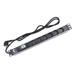  Cabeus PDU-6P-B-2EU Блок евророзеток для 19" шкафов, горизонтальный, 6 розеток, автоматический выключатель 16 A , шнур 2м, алюминиевый корпус, немецкий стандарт