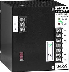 Промышленный блок питания OSNOVO PS-48500/I Промышленный блок питания. DC48V, 10,5A (500W). Диапазон входных напряжений: AC195-265V. КПД: 85%. Регулировка выходного напряжения в диапазоне 44-53V. Защита от короткого замыкания