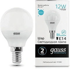 Лампа светодиодная Gauss Globe Elementary 12Вт цок.:E14 шар 220B св.свеч.бел.нейт. P45 (упак.:1шт) (53122)
