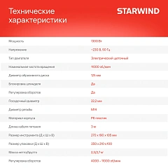 Углошлифовальная машина Starwind AG125LE-1300 1300Вт 11000об/мин рез.шпин.:M14 d=125мм