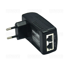 PoE-инжектор OSNOVO Midspan-1/151 PoE-инжектор Fast Ethernet на 1 порт. Соответствует стандартам PoE IEEE 802.3af. Автоматическое определение PoE устройств. Мощность PoE на порт - до 15.4W. Вх. 1 x RJ45