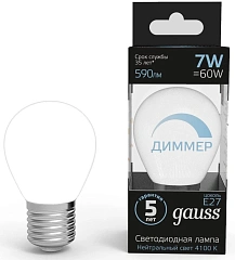 Лампа светодиодная Gauss 7Вт цок.:E27 шар 220B св.свеч.бел.нейт. (упак.:1шт) (105102207-D)