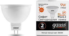 Лампа светодиодная Gauss Elementary MR16 9Вт цок.:GU5.3 спот 220B св.свеч.бел.теп. MR16 (упак.:10шт) (13519)