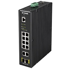 коммутатор D-Link PROJ Промышленный управляемый L2 PoE-коммутатор, 10x1000Base-T (8x1000Base-T PoE), 2x1000Base-X SFP, PoE-бюджет 123 Вт, защита от статического электричества до 6 кВ, CLI, консольный порт RJ-45