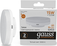 Лампа светодиодная Gauss Elementary GX53 15Вт цок.:GX53 таблетка 220B св.свеч.бел.теп. (упак.:1шт) (83815)