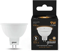 Лампа светодиодная Gauss 101505109 9Вт цок.:GU5.3 рефлек. 150B св.свеч.бел.теп. MR16 (упак.:1шт)